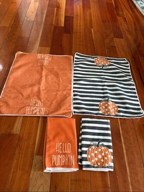 Hello Pumpkin Fall Kitchen Towels - Orange & Black Stripe Pumpkin Design